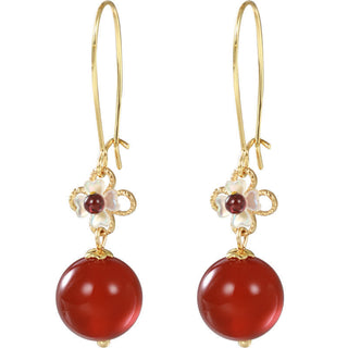 Buddha Gift 925 Sterling Silver Red Agate Flower Beaded Confidence Earrings