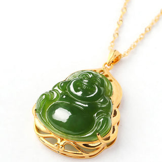Buddha Gift 925 Sterling Silver Natural Hetian Cyan Jade Laughing Buddha 18K Gold Healing Necklace Chain Pendant