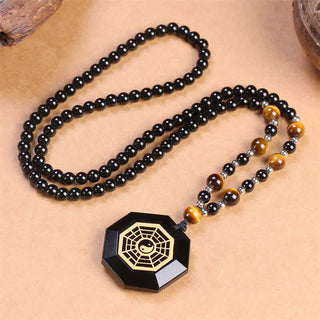 Buddha Gift Bagua Yin Yang Black Obsidian Purification Beaded Necklace Pendant