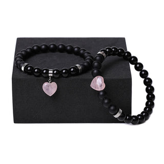 Buddha Gift 2Pcs Black Onyx Crystal Stone Love Heart Protection Support Couple Bracelet