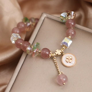 Buddha Gift Strawberry Quartz Lucky Four Leaf Clover Healing Charm Bracelet