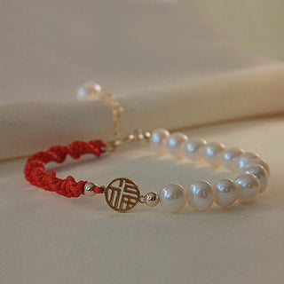 Buddha Gift 14K Gold Plated Pearl Bead Luck Protection Braid Red String Bracelet