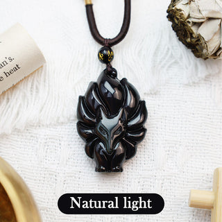 Buddha Gift Natural Rainbow Obsidian Gold Sheen Obsidian Nine Tailed Fox Positive Necklace Pendant