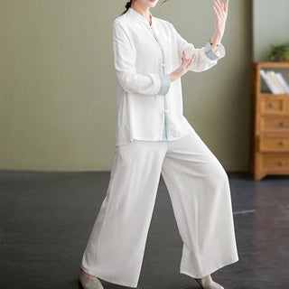 Buddha Gift 2Pcs Tang Suit Long Sleeve Shirt Top Pants Meditation Zen Tai Chi Cotton Linen Clothing Women's Set