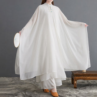 Buddha Gift 2Pcs Frog-Button Long Sleeve Midi Dress Wide Leg Pants Chiffon Zen Women's Set