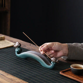 Buddha Gift Double Koi Fish Mountain Healing Ceramic Stick Incense Burner Decoration