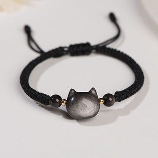 Buddha Gift Handmade Natural Silver Sheen Obsidian Strawberry Quartz Cute Cat Protection Braided Bracelet