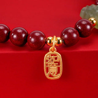 Buddha Gift 925 Sterling Silver Year of the Dragon Natural Cinnabar Hetian Jade Dragon Fu Character Ruyi As One Wishes Charm Blessing Bracelet (Extra 30% Off | USE CODE: FS30)