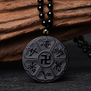 Buddha Gift Natural Black Obsidian Tibetan Om Mani Padme Hum Buddha Swastika Luck Necklace Pendant