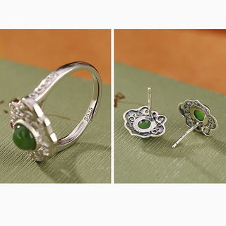 Buddha Gift 925 Sterling Silver Natural Hetian Cyan Jade Hollow Design Luck Ring Earrings Set