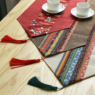 Buddha Gift Classic Chinese Style Lotus Koi Fish Flower Crane Calligraphy Enlightenment Cotton Linen Tassels Table Runner