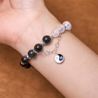 Buddha Gift Silver Sheen Obsidian Crackle Clear Quartz Black Rutilated Quartz Yin Yang Lotus Protection Bracelet