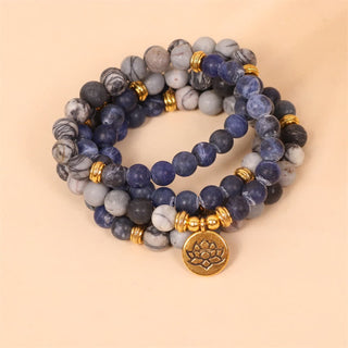 Buddha Gift 108 Mala Beads Sodalite Zebra Jasper Crystal Lotus Strength Bracelet