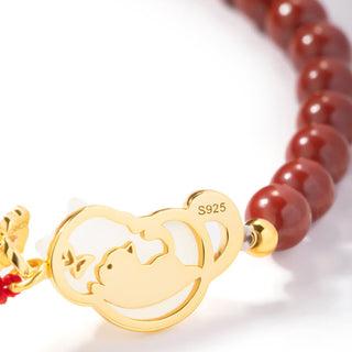 Buddha Gift 925 Sterling Silver Plated 18K Gold Hetian Jade Ruyi Cat Cinnabar Luck Bracelet Necklace Pendant Set
