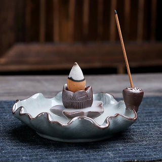 Buddha Gift Lotus Plum Blossom Square Ceramic Spiritual Backflow Incense Burner