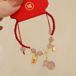 Buddha Gift Natural Strawberry Quartz Money Bag Lotus Healing Charm Red String Braided Bracelet