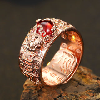 Buddha Gift FengShui PiXiu Red Garnet Heart Sutra Wealth Ring