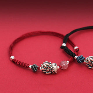 Buddha Gift 999 Sterling Silver PiXiu Strawberry Quartz Bead Wealth Luck Braided Bracelet