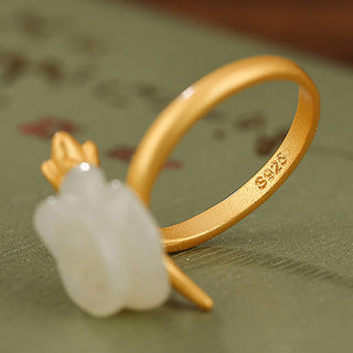 Buddha Gift 925 Sterling Silver Plated Gold Rose Flower Hetian White Jade Happiness Ring
