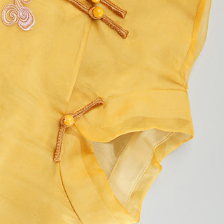 Buddha Gift 100% Mulberry Silk Organza Dress Embroidered Yellow Phoenix Qipao Cheongsam Dress