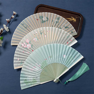 Buddha Gift Lotus Begonia Flower Jasmine Handheld Bamboo Folding Fan 21cm