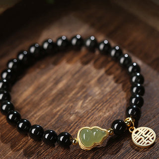 Buddha Gift Natural Black Obsidian Hetian Jade Gourd Double Happiness Strength Bracelet