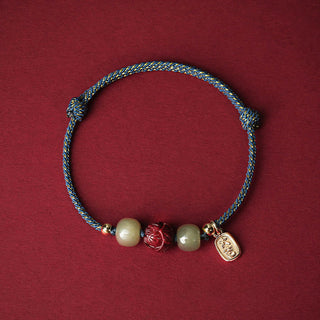 Buddha Gift 14K Gold Plated Hetian Jade Cinnabar Lotus Luck Handcrafted Rope Bracelet