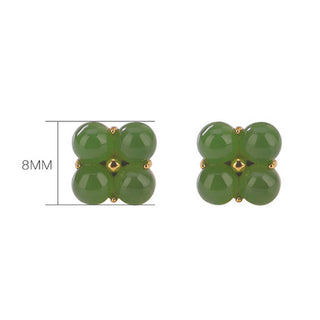 Buddha Gift 925 Sterling Silver Plated Gold Natural Cyan Jade Four Leaf Clover Luck Stud Earrings