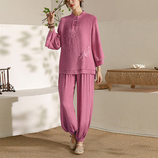 Buddha Gift 2Pcs Long Sleeve Frog-Button Meditation Prayer Zen Practice Tai Chi Uniform Clothing Women's Set