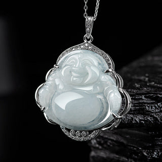 Buddha Gift 925 Sterling Silver Laughing Buddha Natural Jade Abundance Necklace Pendant