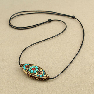 Buddha Gift Tibet Turquoise Bead Marquise Pattern Protection Strength Necklace Pendant