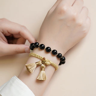 Buddha Gift 2Pcs Black Onyx Bead Support Protection String Bracelet