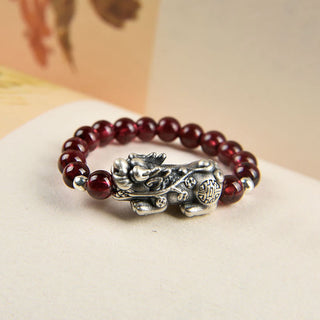 Buddha Gift 925 Sterling Silver Natural Garnet Moonstone Red Agate PiXiu Wealth Ring