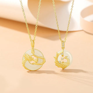 Buddha Gift 925 Sterling Silver Year of the Dragon Hetian Jade Golden Dragon Phoenix Peace Buckle Luck Necklace Pendant