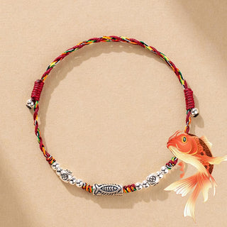 Buddha Gift 925 Sterling Silver Luck Koi Fish Braided Colorful String Bracelet Anklet