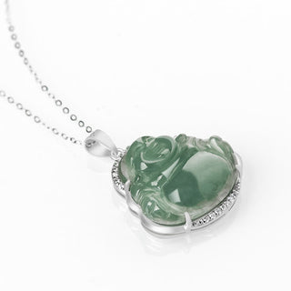 Buddha Gift 925 Sterling Silver Laughing Buddha Natural Jade Luck Prosperity Necklace Chain Pendant