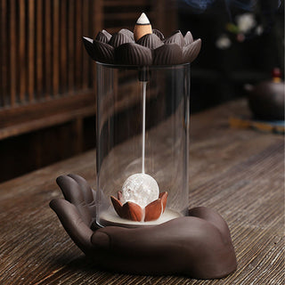 Buddha Gift Buddha Hand Lotus Enlightenment LED Light Purple Clay Ceramic Incense Burner Decoration