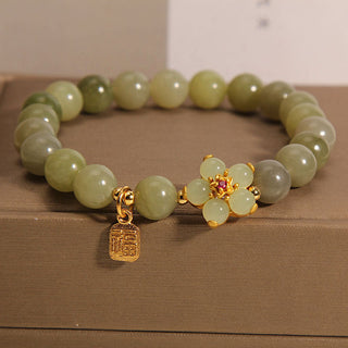 Buddha Gift Green Jade Flower Fu Character Charm Luck Bracelet
