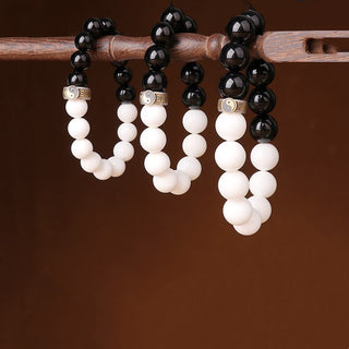 Buddha Gift 925 Sterling Silver Black Obsidian White Shell Yin Yang Strength Bracelet