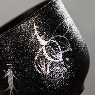 Buddha Gift Hand Painted Lotus Flower Bamboo Chrysanthemum Black Pottery Ceramic Teacup Kung Fu Tea Cup 95ml