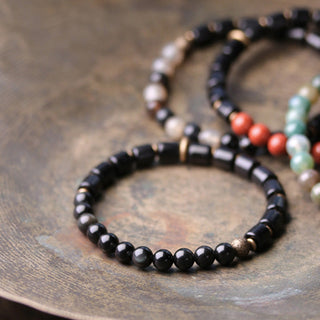 Buddha Gift Ebony Wood Red Jasper Moss Agate Crystal Copper Peace Couple Bracelet