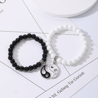 Buddha Gift 2Pcs Black Onyx White Turquoise Bead Yin Yang Protection Couple Bracelet
