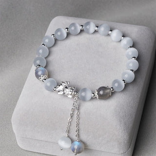Buddha Gift Natural Cat's Eye Moonstone Strawberry Quartz PiXiu Support Bracelet