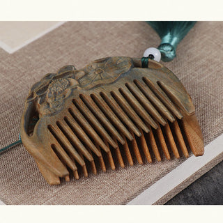 Buddha Gift Green Sandalwood Fox Peony Flower Lotus Engraved Cure Tassel Comb