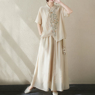 Buddha Gift 2Pcs Flower Embroidery Short Sleeve Tee T-shirt Wide Leg Pants Set