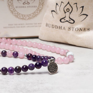Buddha Gift Natural Rose Quartz & Amethyst Mala Bead Lotus Pendant Bracelet