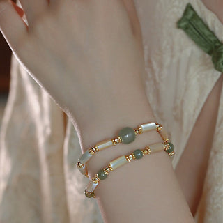 Buddha Gift 14K Gold Plated Tridacna Stone Hetian Jade Bead Bamboo Pattern Bracelet