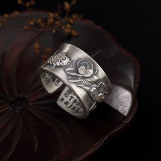 Buddha Gift 999 Sterling Silver Luck Koi Fish Lotus Heart Sutra Wealth Ring
