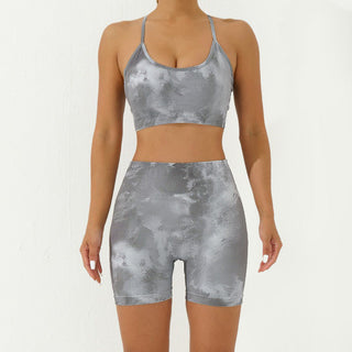 Buddha Gift 2Pcs Camo Print Backless Criss-Cross Strap Top Bra Shorts Leggings Pants Fitness Yoga Outfit Set
