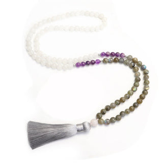 Buddha Gift 108 Mala Beads White Agate Amethyst Black Glitter Stone Protection Bracelet
